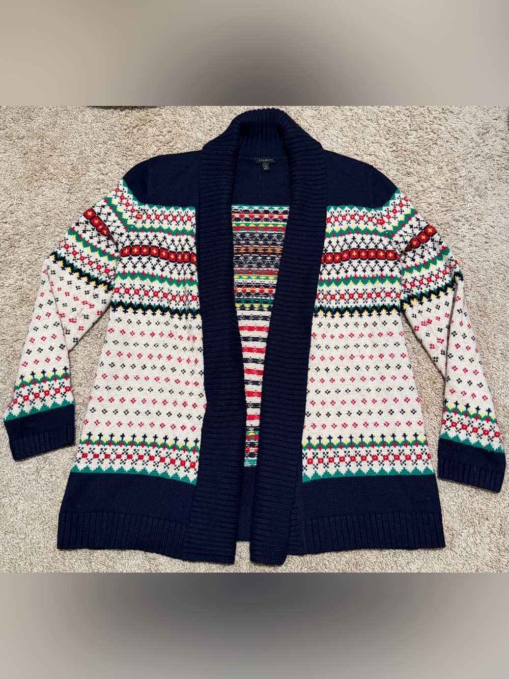 Talbots Open Front Cardigan Size Medium Red Navy Cream Colored Pattern Sweater